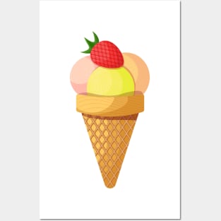 Ice cream scoops and strawberry in waffle cone Posters and Art